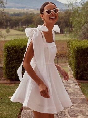 DISSH Aisle Linen Bow Mini Dress White Fit Flare Square Neck Size 8
